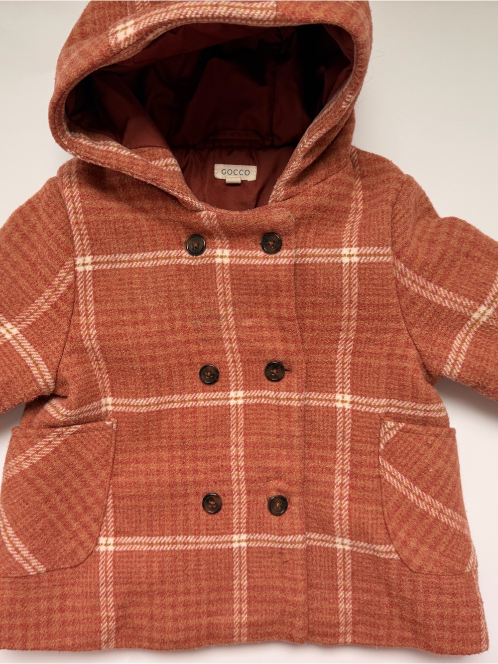 Plaid Hooded Kids Pea Coat in Rust